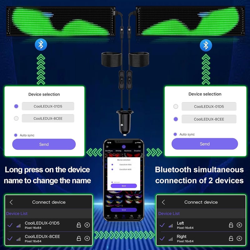 GOTUS 2Pcs Devil Eyes Light for Cars,Flexible Scrolling Programmable LED Signs,LED Eyes for Truck Windshield,Custom Editor Colours,Animations,Text - Image 2